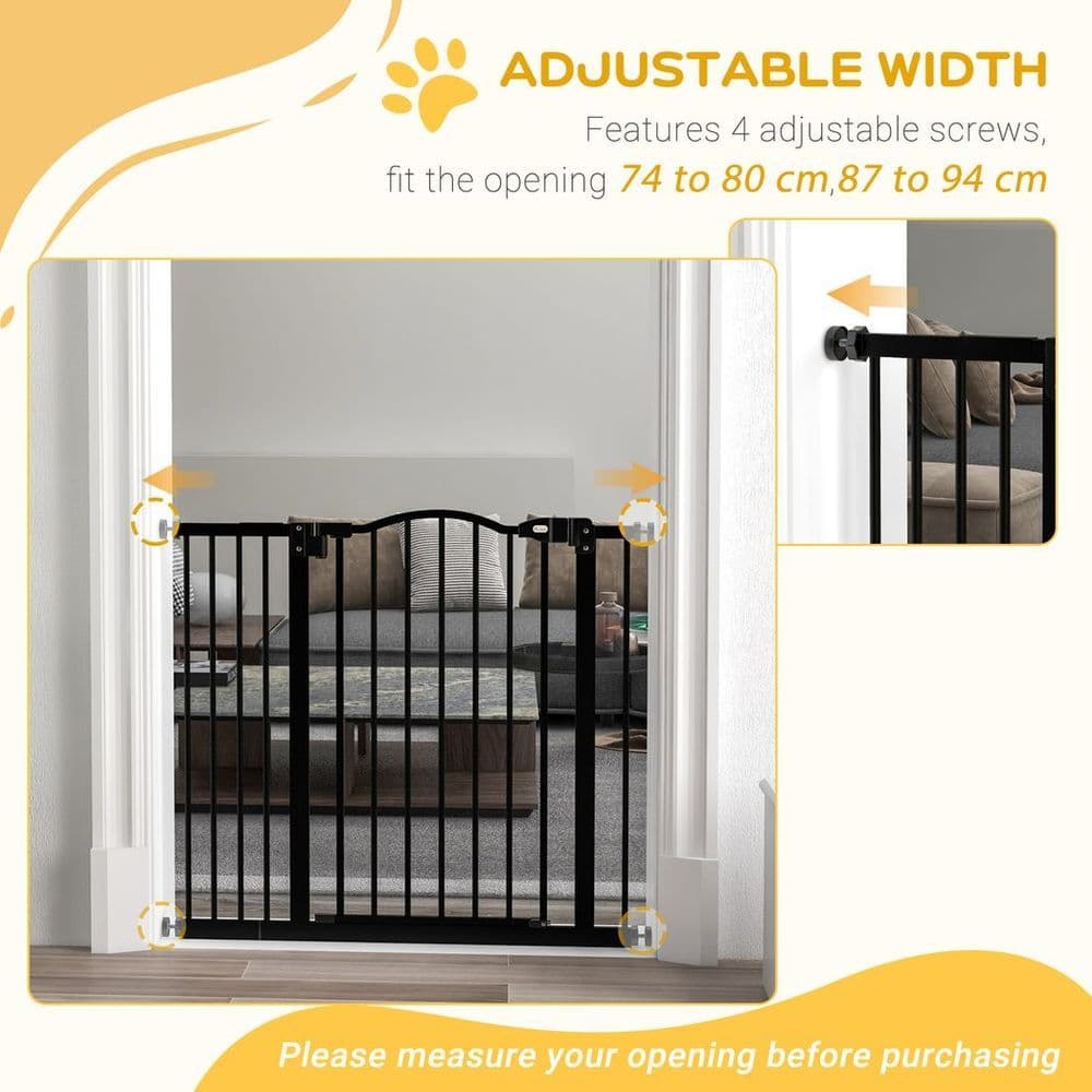 image-PawHut 74-94cm Adjustable Metal Pet Gate Safety Barrier w/ Auto-Close Black