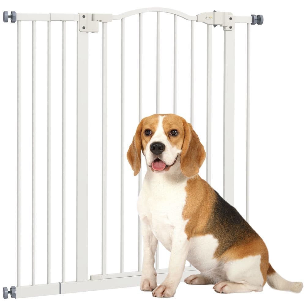 image-PawHut 74-94cm Adjustable Metal Pet Gate Safety Barrier w/ Auto-Close Door White