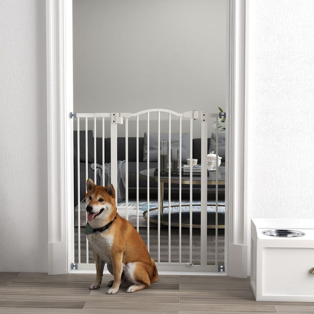 image-PawHut 74-94cm Adjustable Metal Pet Gate Safety Barrier w/ Auto-Close Door White