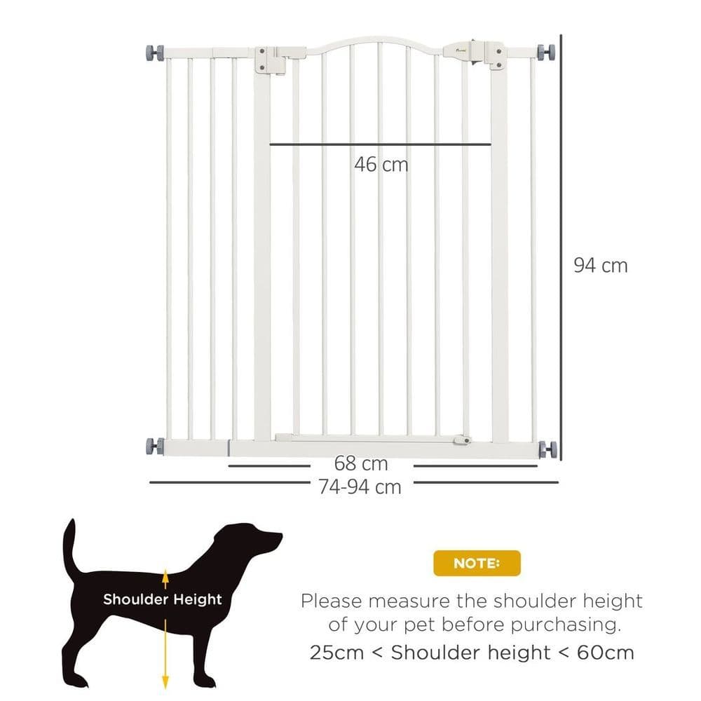 image-PawHut 74-94cm Adjustable Metal Pet Gate Safety Barrier w/ Auto-Close Door White