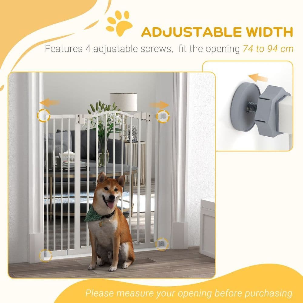 image-PawHut 74-94cm Adjustable Metal Pet Gate Safety Barrier w/ Auto-Close Door White