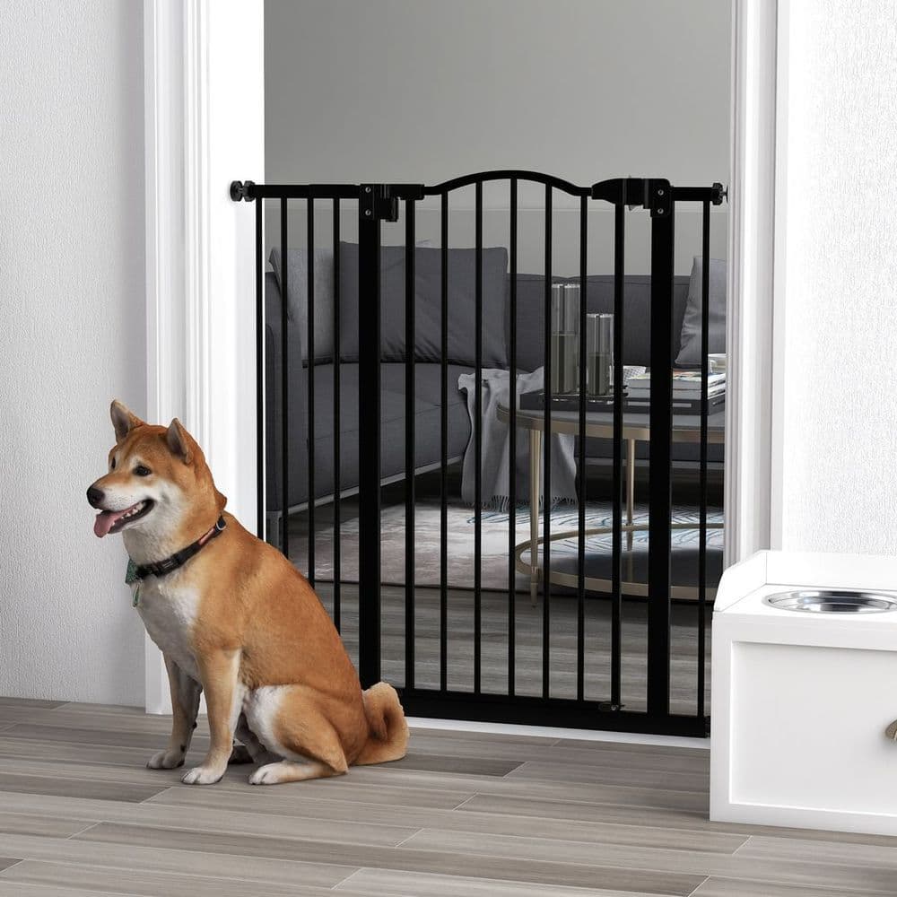 image-PawHut 74-94cm Adjustable Metal Pet Gate Safety Barrier w/ Auto-Close Door Black