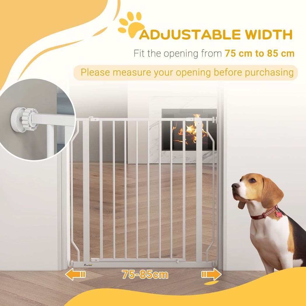 image-PawHut Dog Gate Wide Stair Gate w/ Door Pressure Fit, 75-85W cm, White