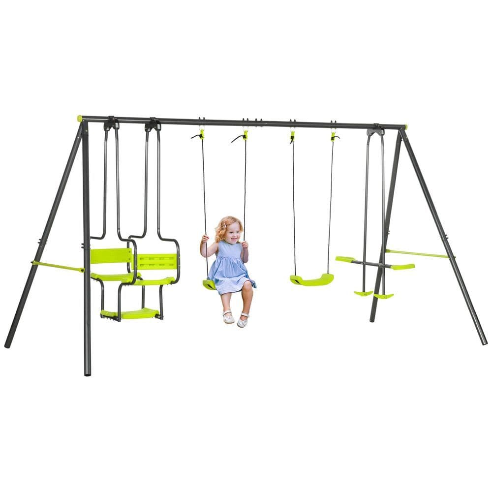 image-Outsunny Garden Swing Set with Double Swings, Glider, Swing Seats for Outdoor
