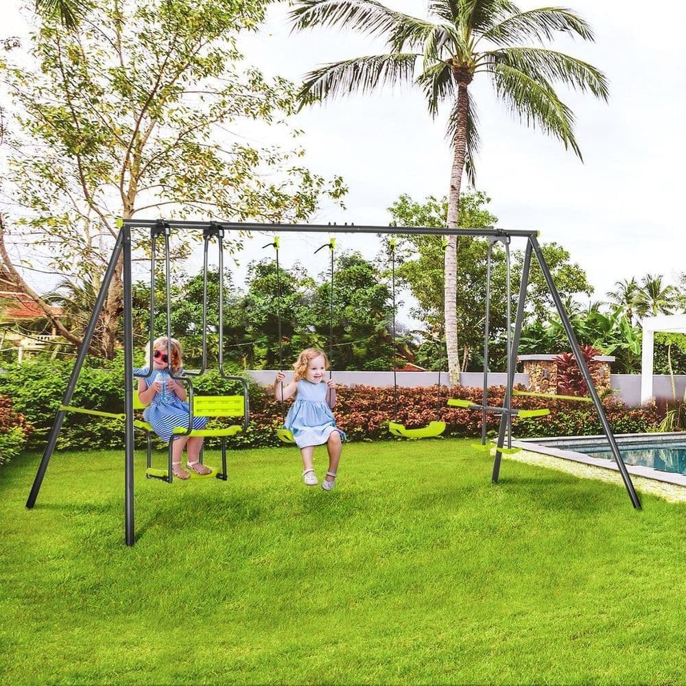 image-Outsunny Garden Swing Set with Double Swings, Glider, Swing Seats for Outdoor