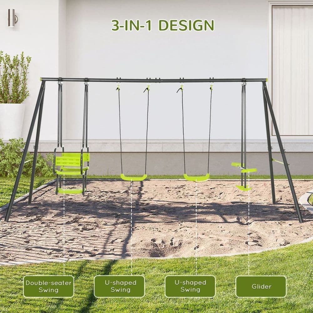 image-Outsunny Garden Swing Set with Double Swings, Glider, Swing Seats for Outdoor