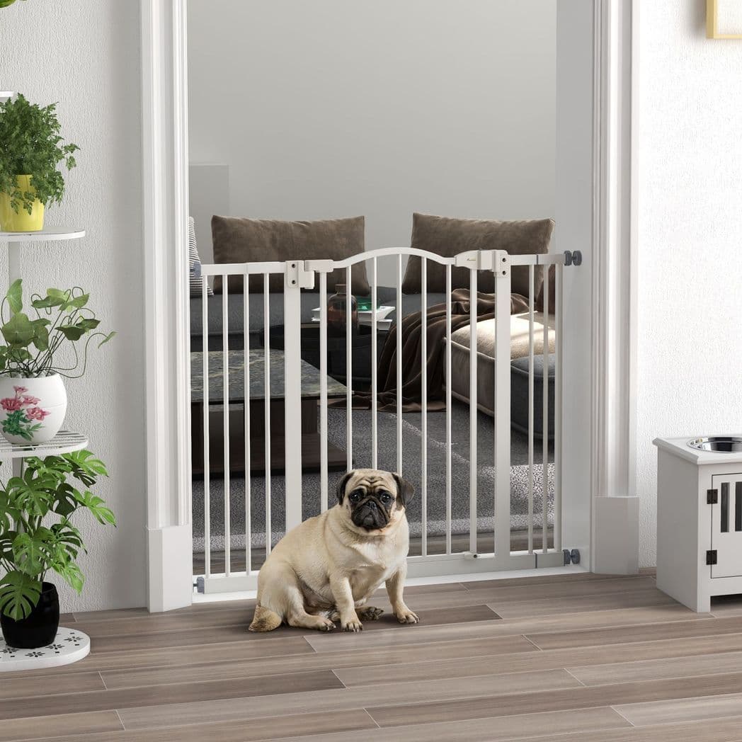 image-PawHut 74-100cm Adjustable Metal Pet Gate Safety Barrier w/ Auto-Close White