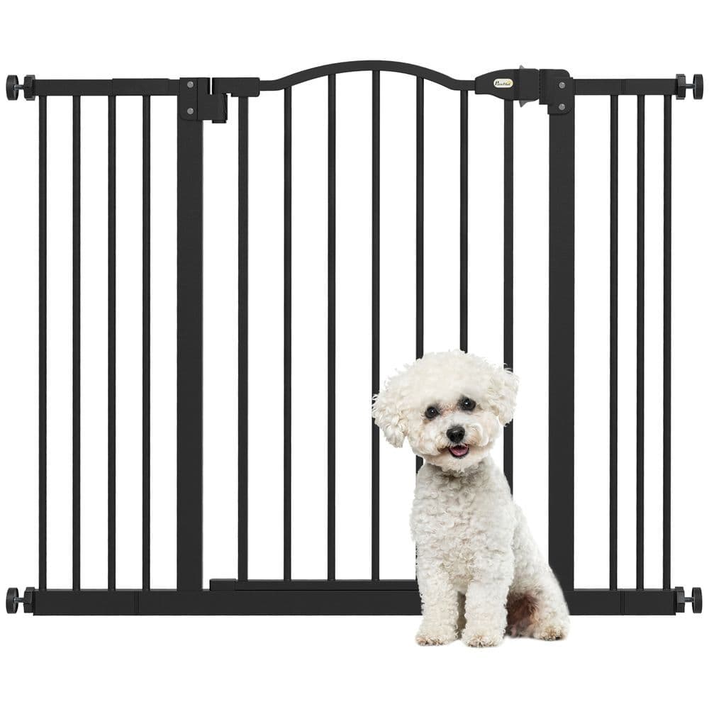 image-PawHut 74-100cm Adjustable Metal Pet Gate Safety Barrier w/ Auto-Close Black