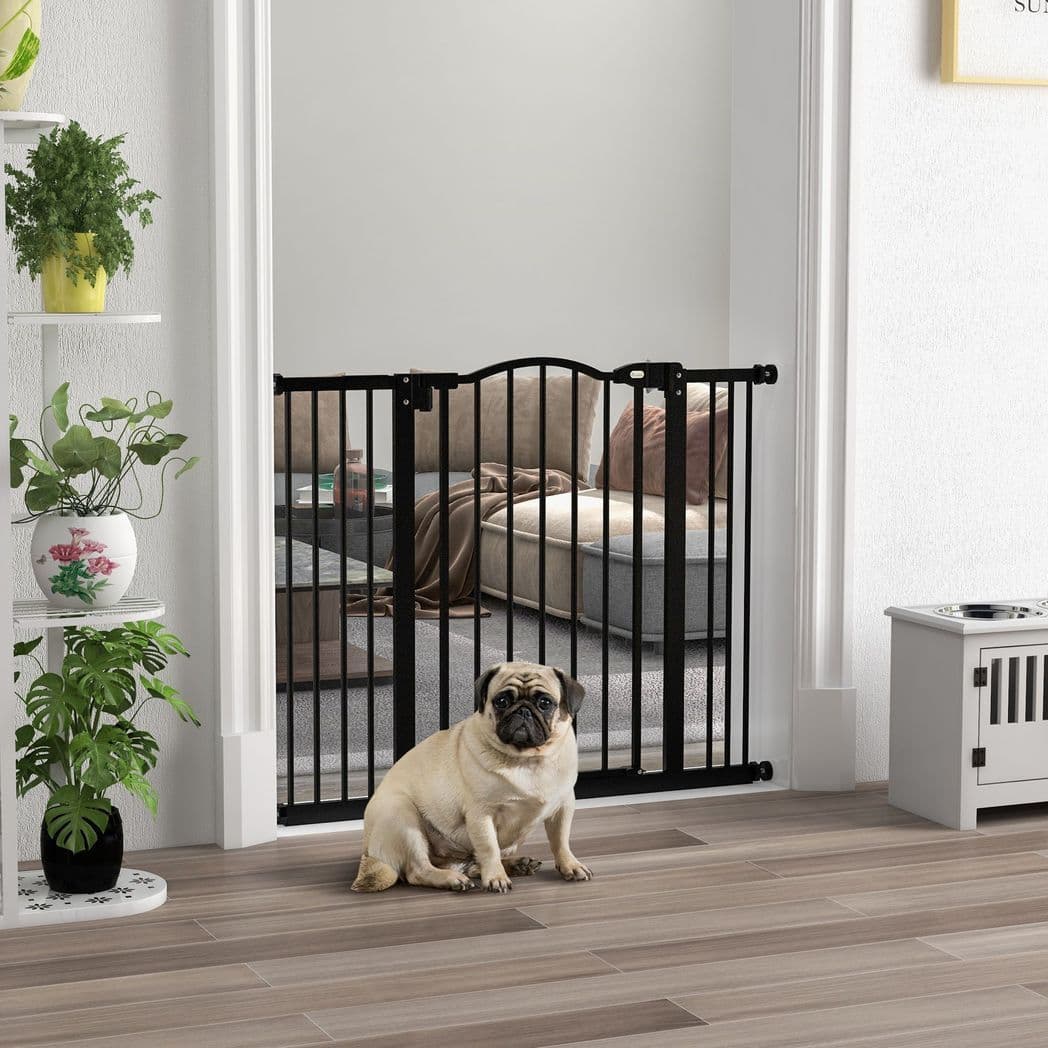 image-PawHut 74-100cm Adjustable Metal Pet Gate Safety Barrier w/ Auto-Close Black