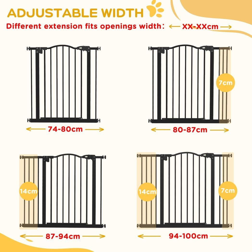 image-PawHut 74-100cm Adjustable Metal Pet Gate Safety Barrier w/ Auto-Close Black