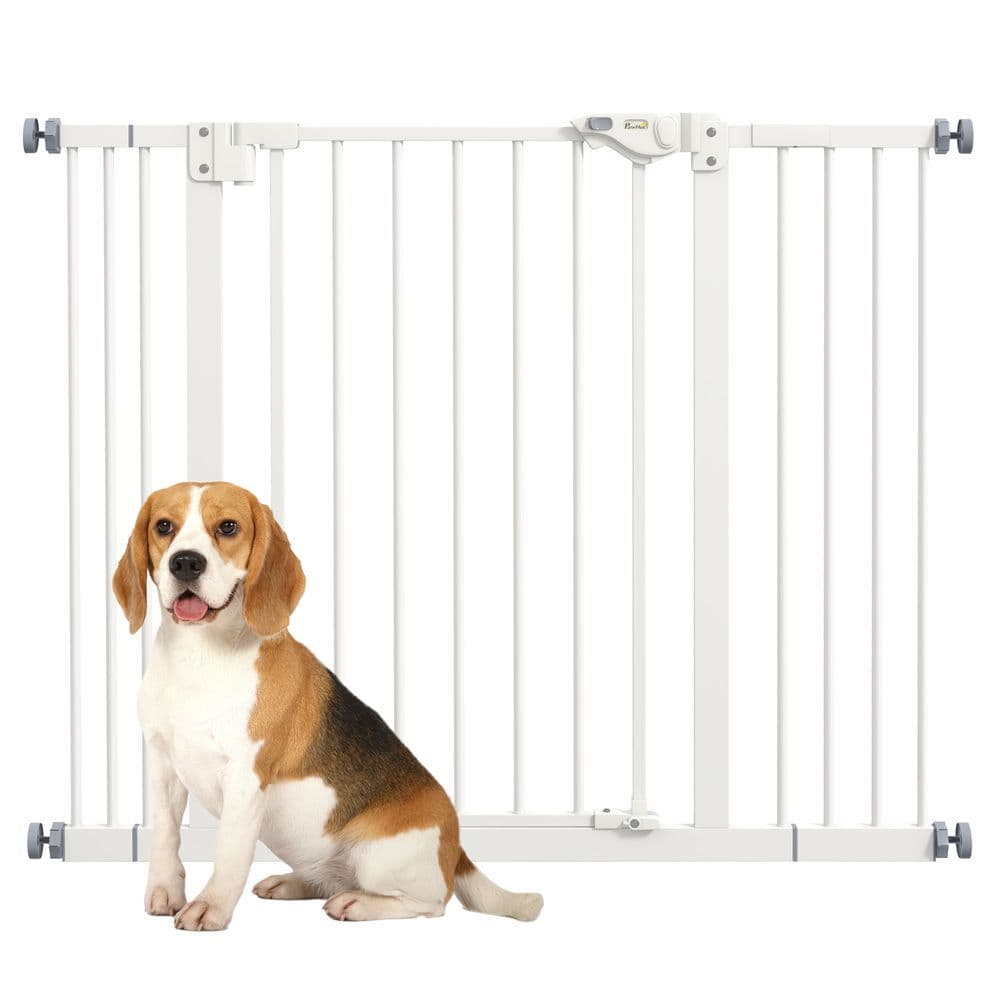 image-PawHut Adjustable Safety Gate w/ 2 Extensions and Four Adjustable Screws, White