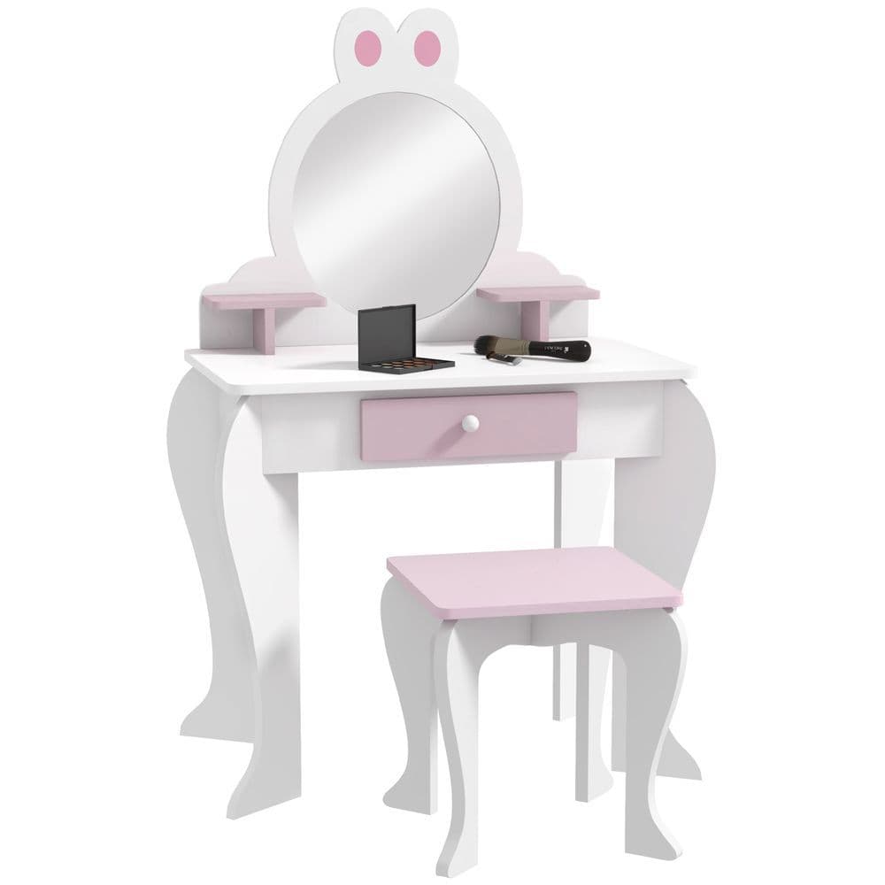 image-ZONEKIZ Kids Dressing Table with Mirror and Stool, Drawer, Storage Shelf - White