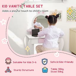 image-ZONEKIZ Kids Dressing Table with Mirror and Stool, Drawer, Storage Shelf - White