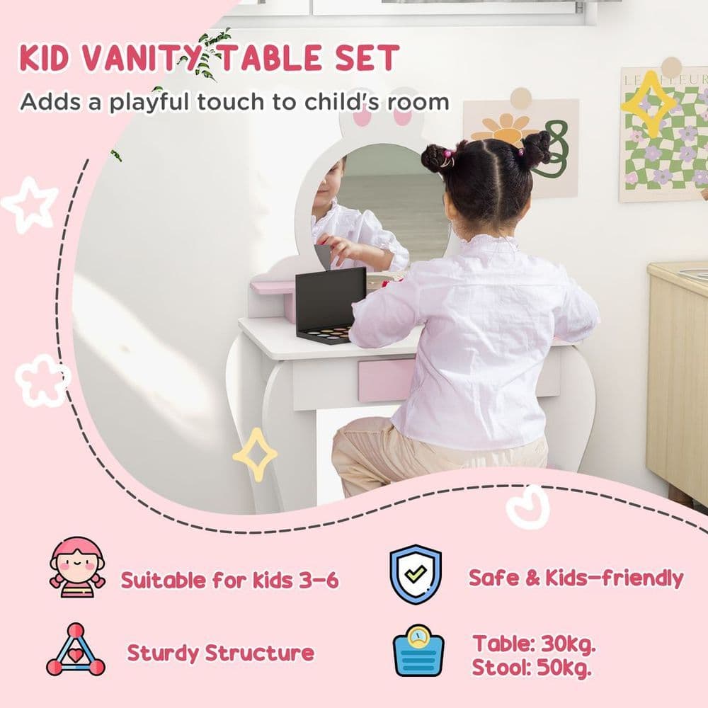 image-ZONEKIZ Kids Dressing Table with Mirror and Stool, Drawer, Storage Shelf - White