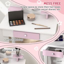 image-ZONEKIZ Kids Dressing Table with Mirror and Stool, Drawer, Storage Shelf - White