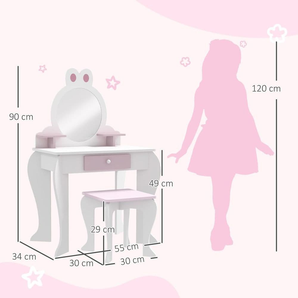 image-ZONEKIZ Kids Dressing Table with Mirror and Stool, Drawer, Storage Shelf - White