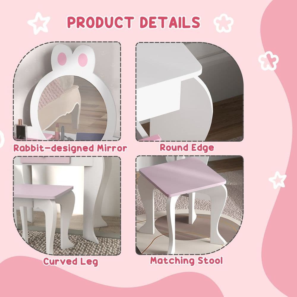 image-ZONEKIZ Kids Dressing Table with Mirror and Stool, Drawer, Storage Shelf - White