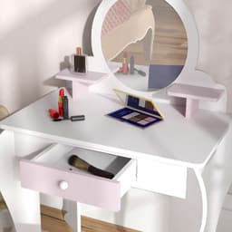 image-ZONEKIZ Kids Dressing Table with Mirror and Stool, Drawer, Storage Shelf - White