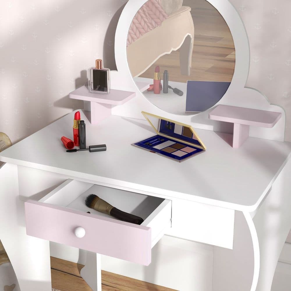 image-ZONEKIZ Kids Dressing Table with Mirror and Stool, Drawer, Storage Shelf - White