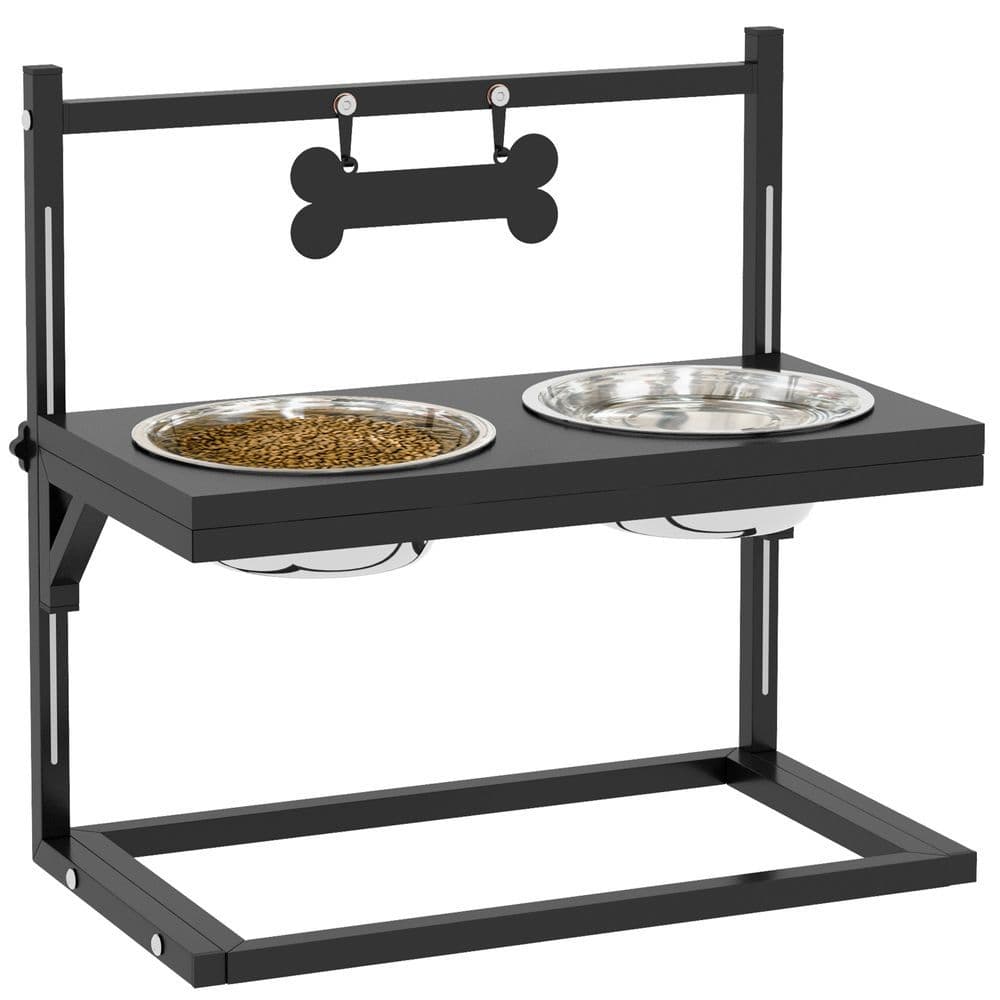 image-PawHut Raised Dog Bowl w/ Adjustable Height Stand for Small Medium Large Dogs