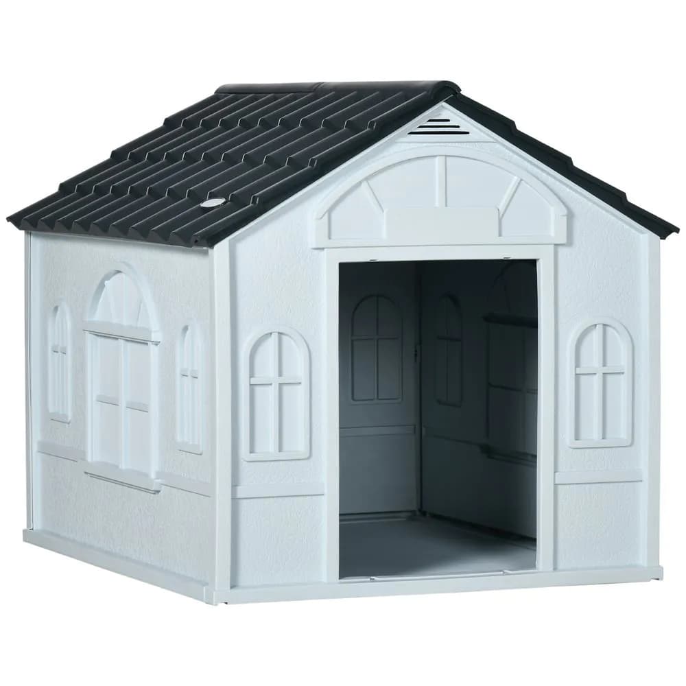 image-PawHut Weather-Resistant Dog House, Puppy Shelter for Medium Dogs - Grey