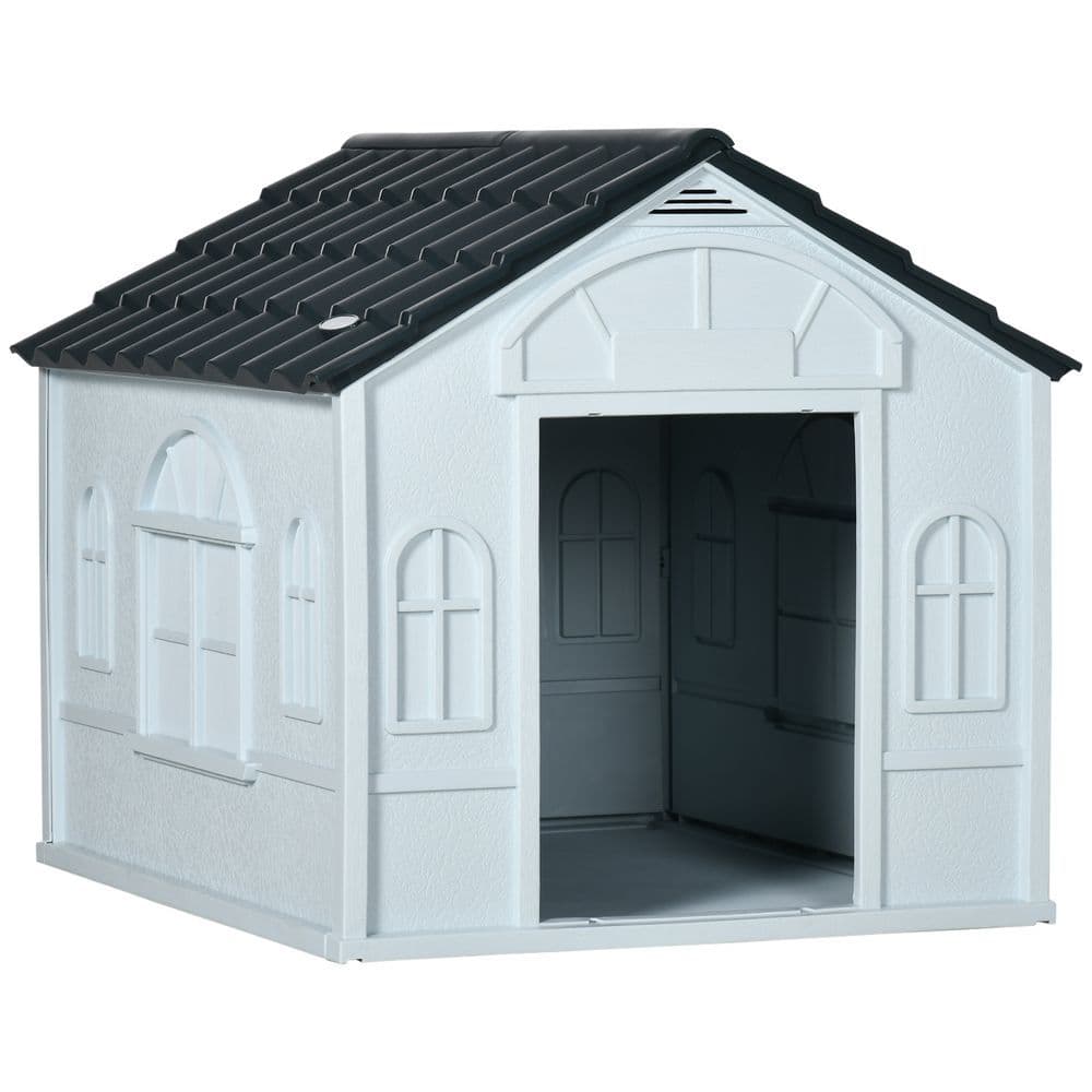 image-PawHut Weather-Resistant Dog House, Puppy Shelter for Medium Dogs - Grey