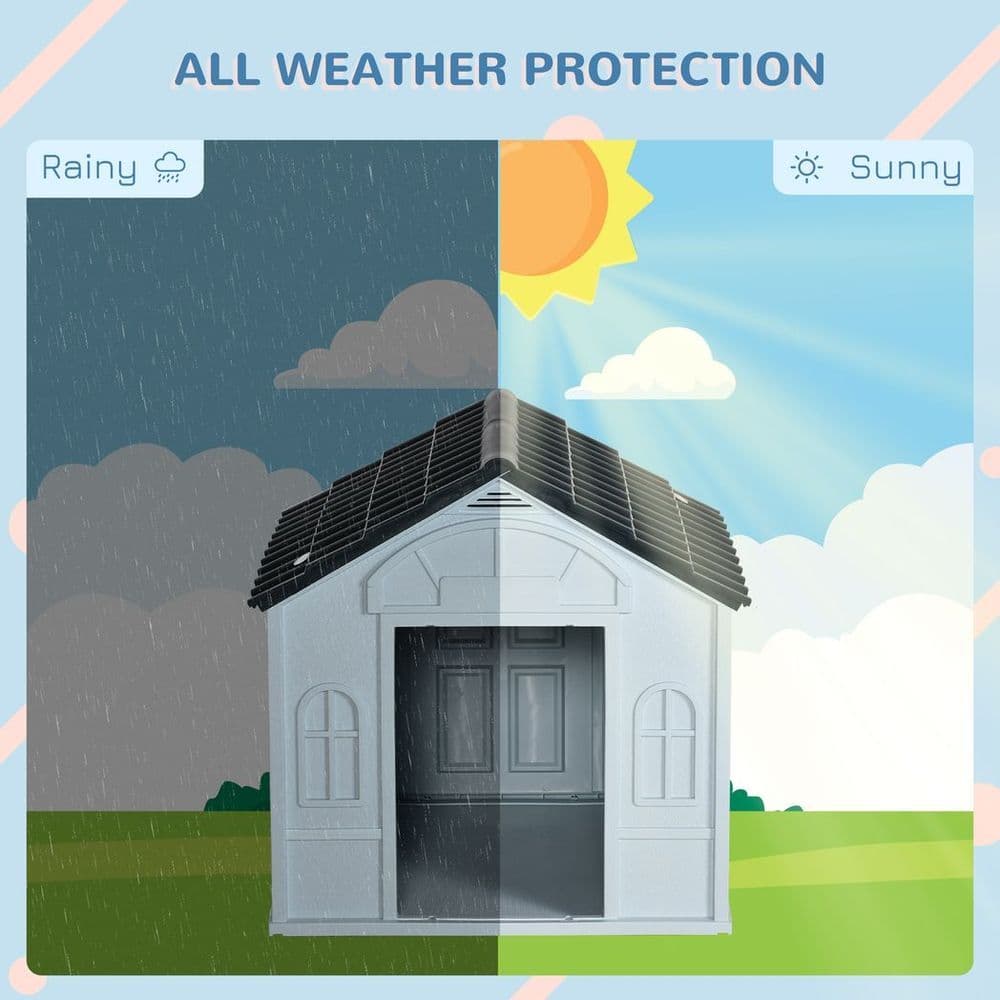image-PawHut Weather-Resistant Dog House, Puppy Shelter for Medium Dogs - Grey