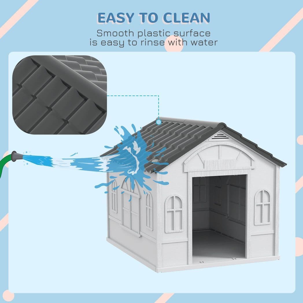 image-PawHut Weather-Resistant Dog House, Puppy Shelter for Medium Dogs - Grey