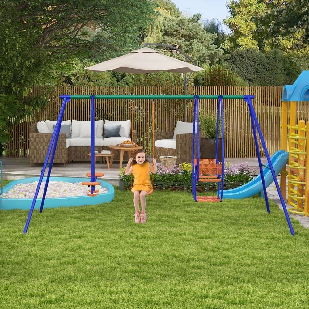 image-Outsunny 3 in 1 Metal Kids Swing Set with Swing, Glider, Rocking Chair, Orange