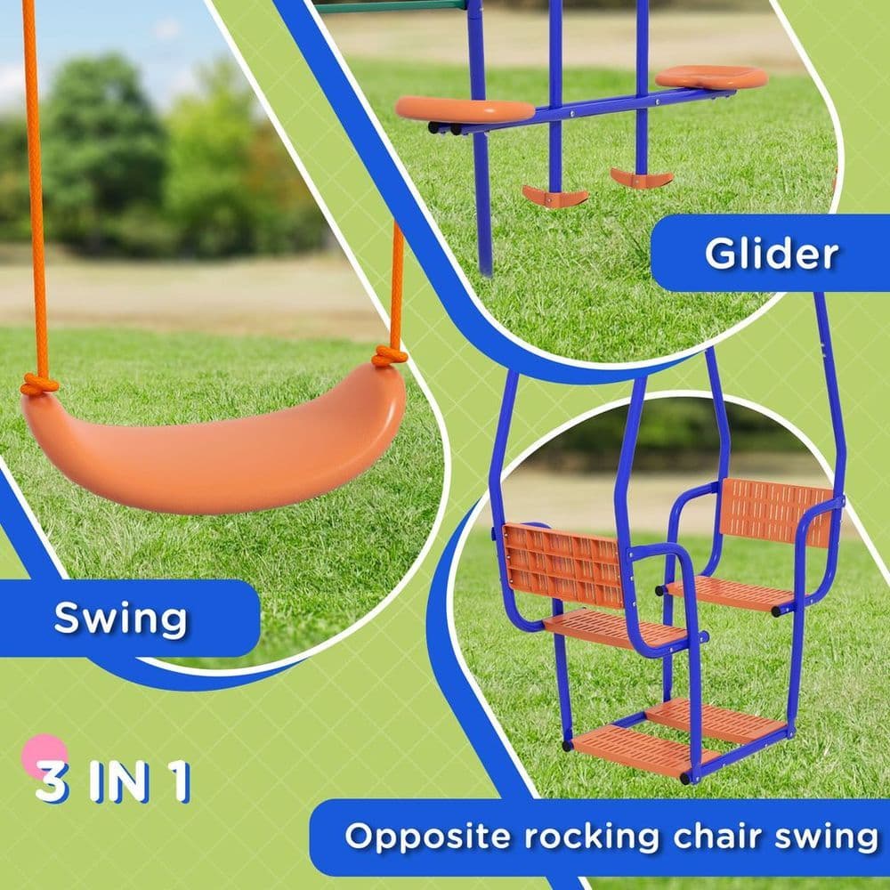 image-Outsunny 3 in 1 Metal Kids Swing Set with Swing, Glider, Rocking Chair, Orange