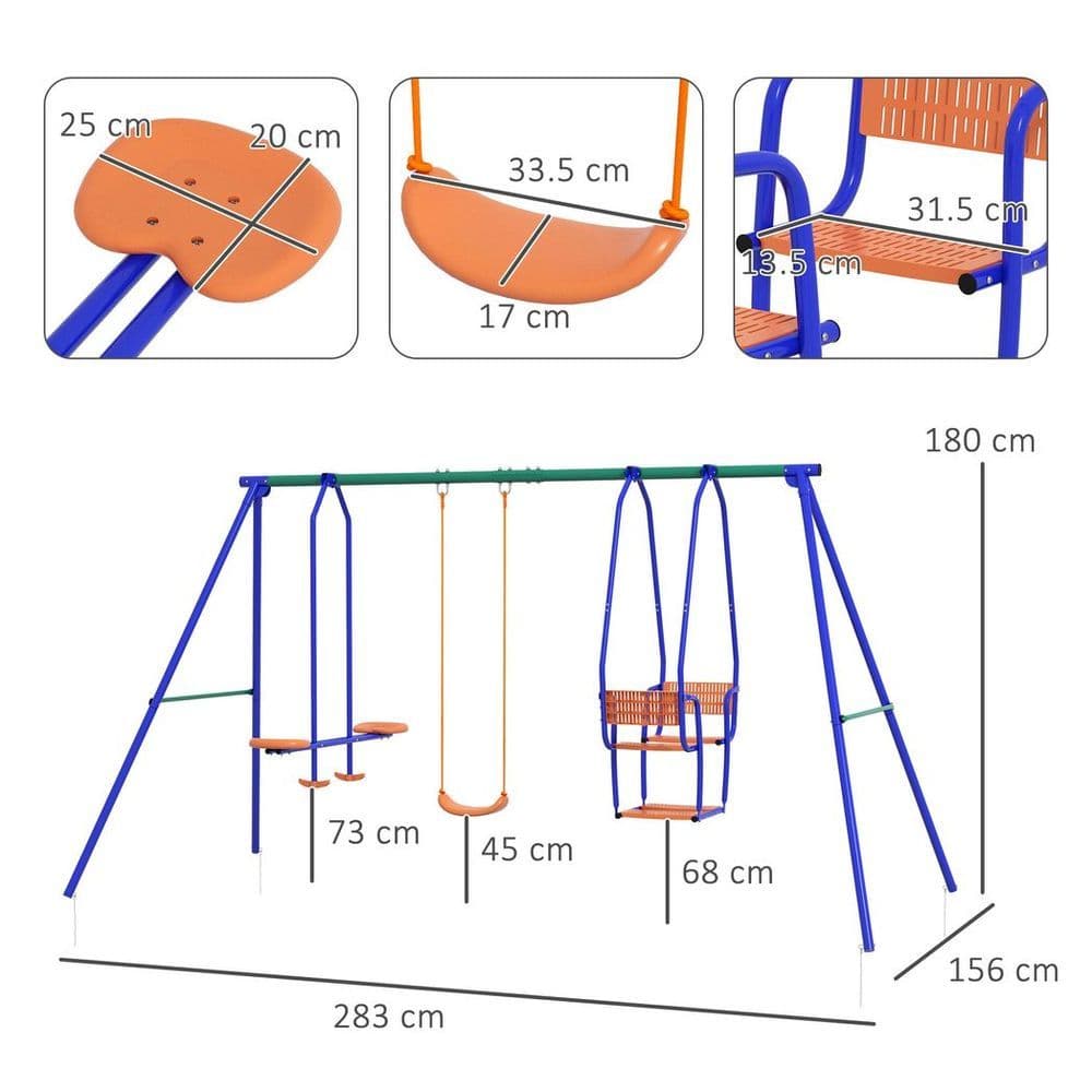 image-Outsunny 3 in 1 Metal Kids Swing Set with Swing, Glider, Rocking Chair, Orange