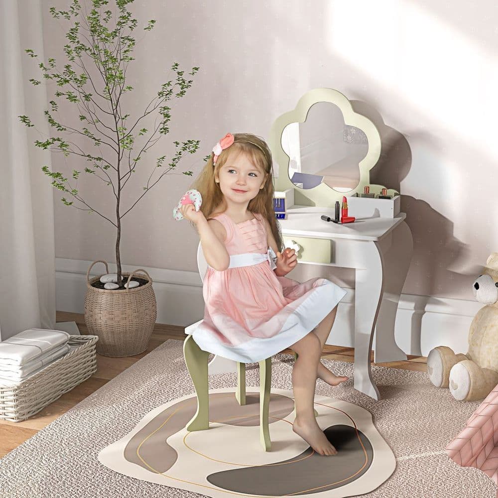 image-ZONEKIZ Kids Vanity Table Set, Beauty Flower Design, for Ages 3-6 Years - White
