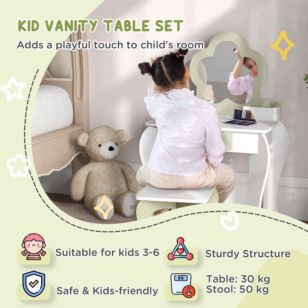 image-ZONEKIZ Kids Vanity Table Set, Beauty Flower Design, for Ages 3-6 Years - White