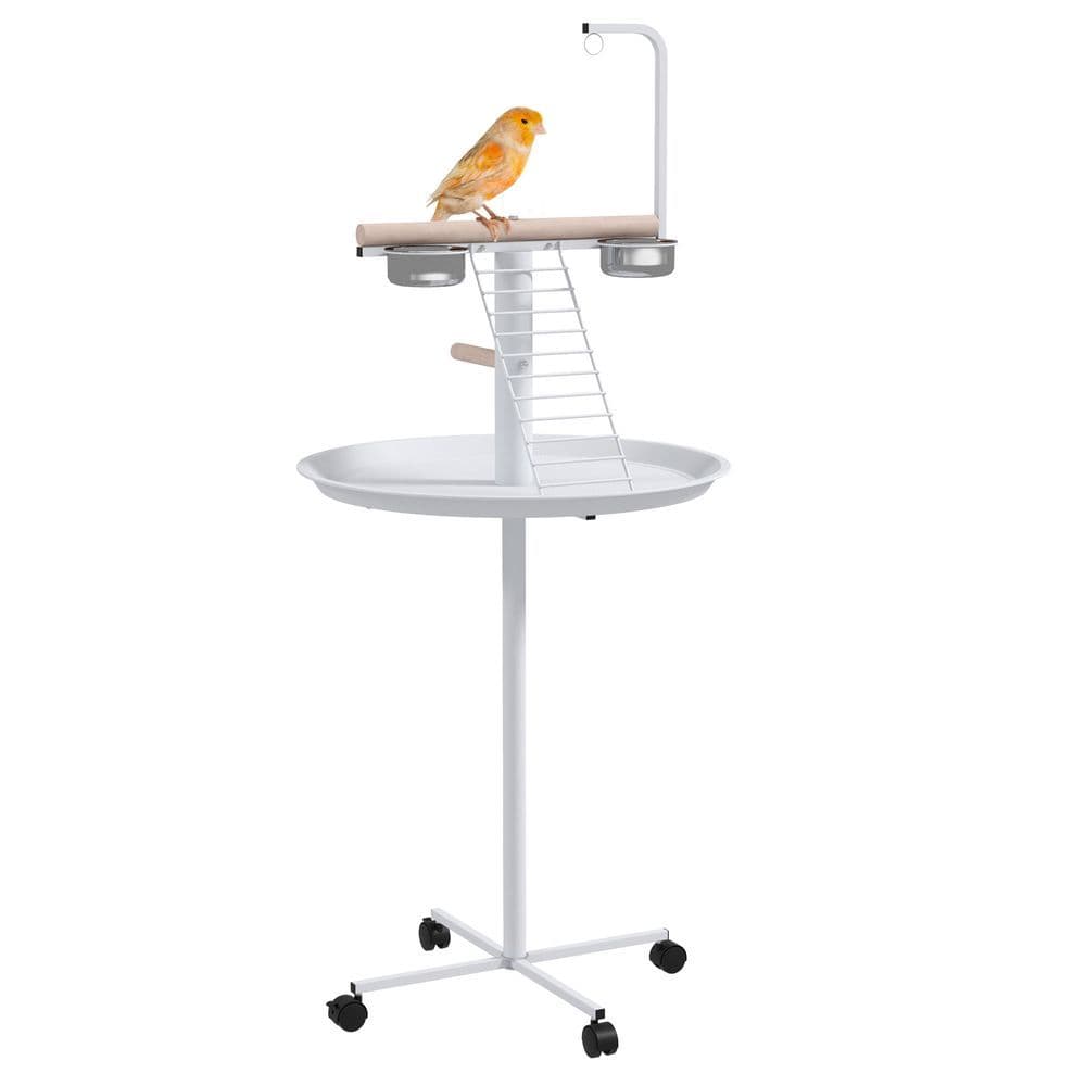 image-PawHut Bird Table with Four Wheels, Perches, Stainless Steel Bowls, Round Tray