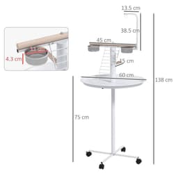 image-PawHut Bird Table with Four Wheels, Perches, Stainless Steel Bowls, Round Tray