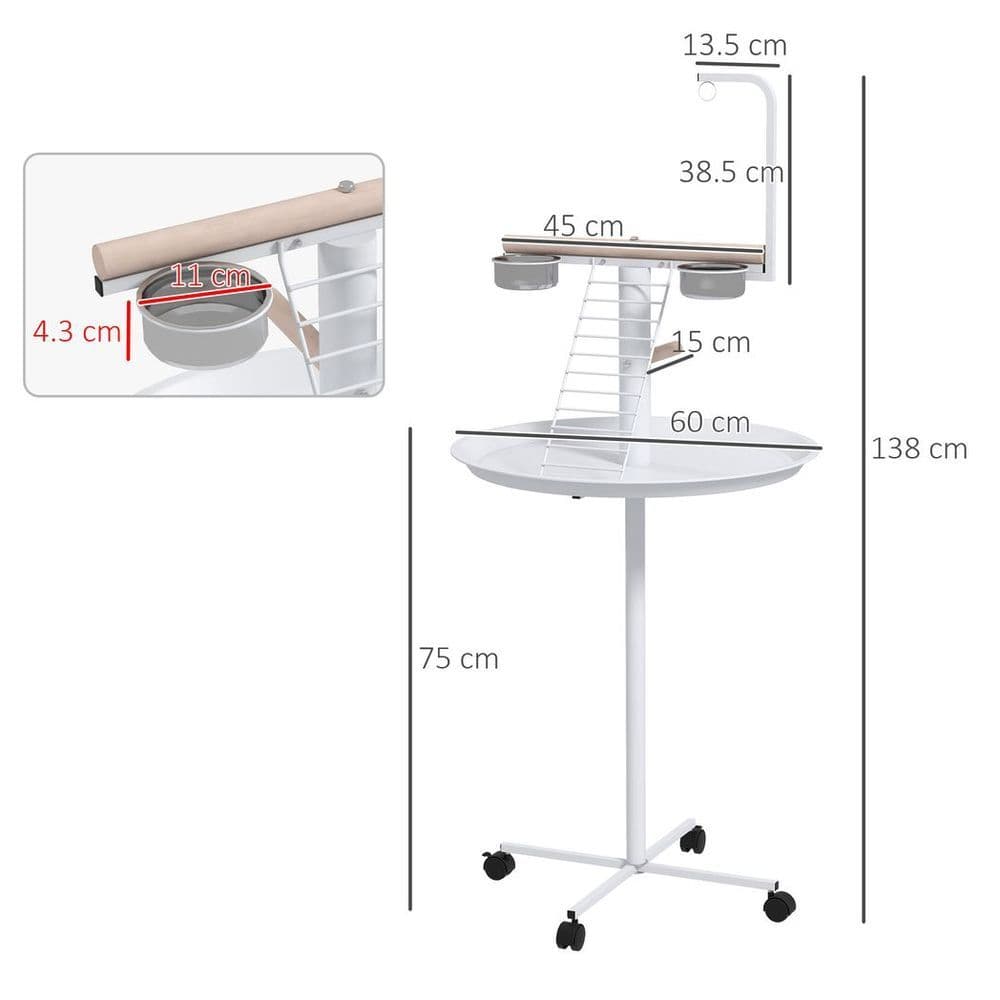 image-PawHut Bird Table with Four Wheels, Perches, Stainless Steel Bowls, Round Tray