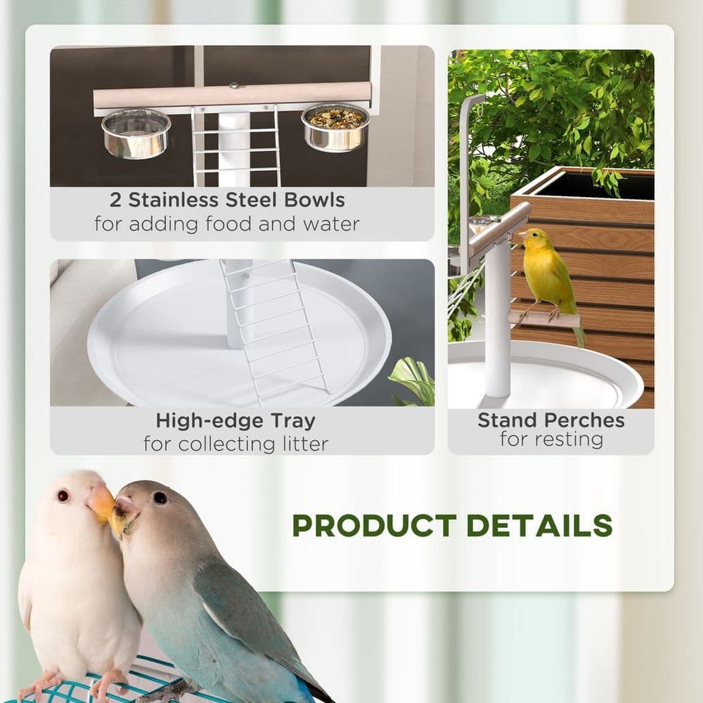image-PawHut Bird Table with Four Wheels, Perches, Stainless Steel Bowls, Round Tray