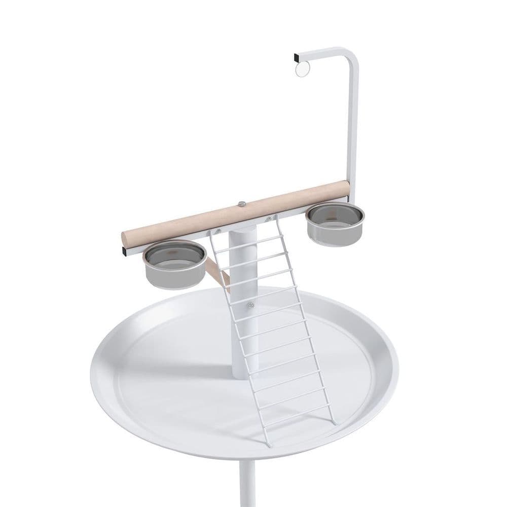 image-PawHut Bird Table with Four Wheels, Perches, Stainless Steel Bowls, Round Tray