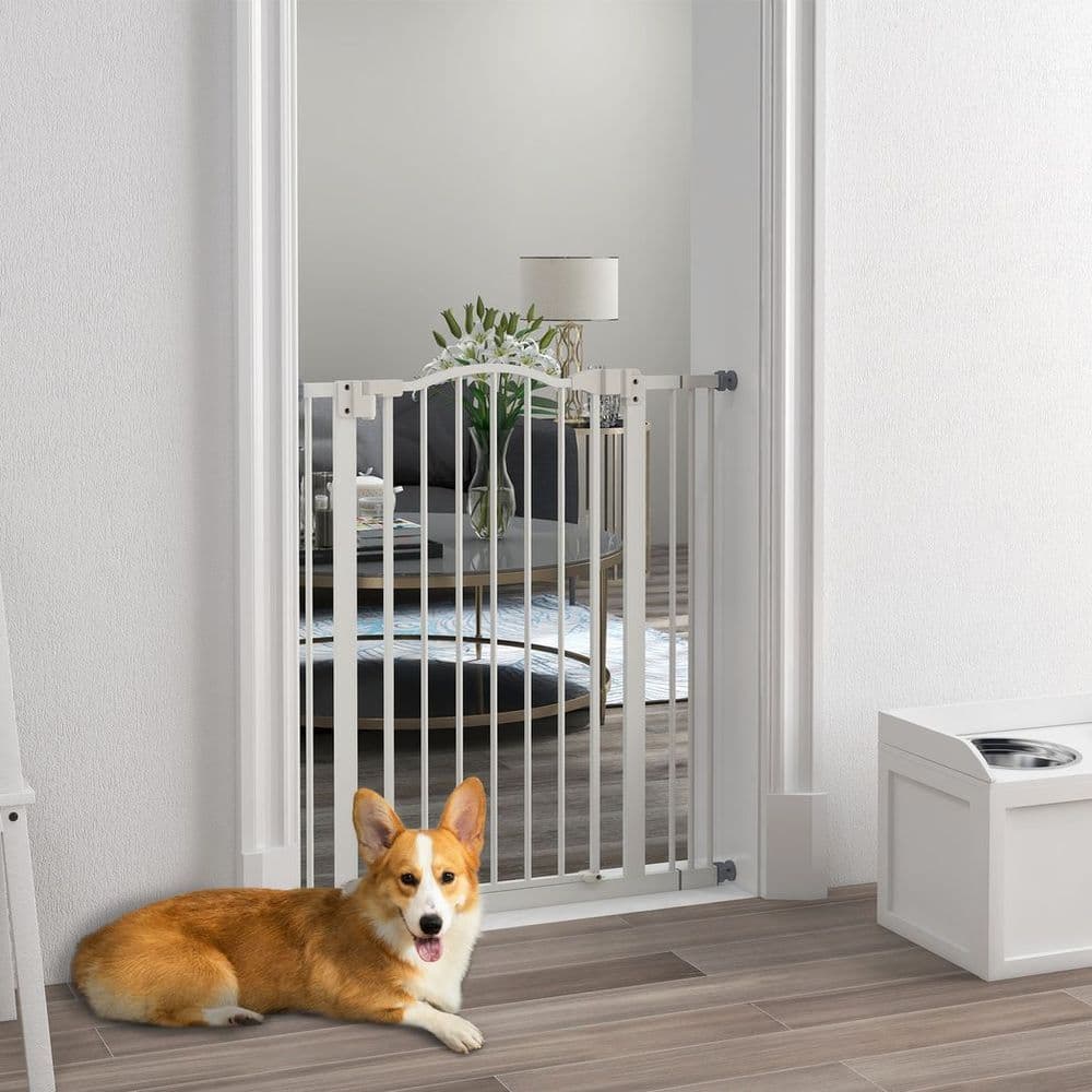 image-PawHut 74-87cm Adjustable Metal Pet Gate Safety Barrier w/ Auto-Close Door White