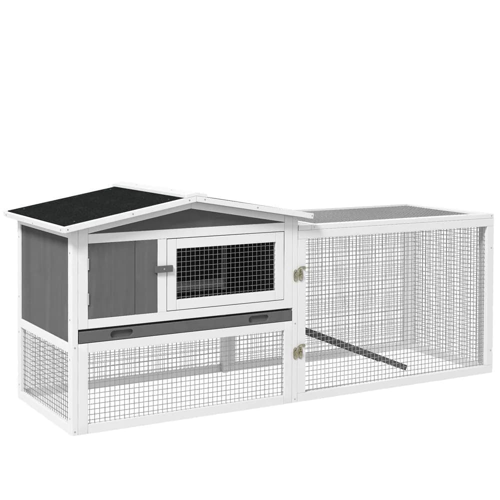 image-PawHut Rabbit Hutch and Run Outdoor w/ Sliding Tray Hay Rack Ramp, 156x58x68cm