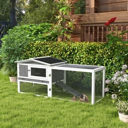 image-PawHut Rabbit Hutch and Run Outdoor w/ Sliding Tray Hay Rack Ramp, 156x58x68cm
