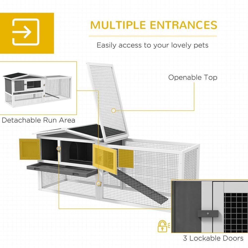 image-PawHut Rabbit Hutch and Run Outdoor w/ Sliding Tray Hay Rack Ramp, 156x58x68cm