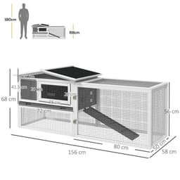 image-PawHut Rabbit Hutch and Run Outdoor w/ Sliding Tray Hay Rack Ramp, 156x58x68cm