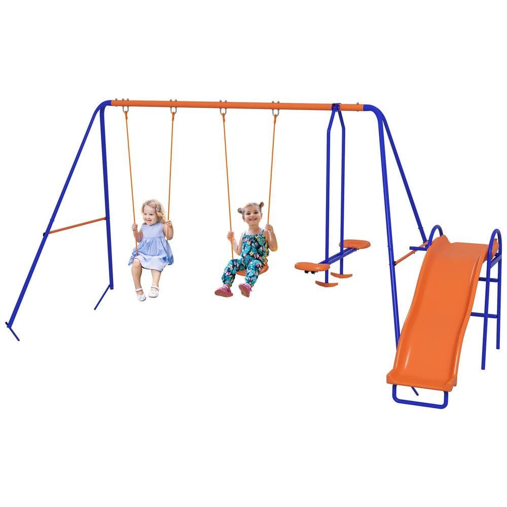 image-Outsunny 4 in 1 Metal Kids Swing Set with Double Swings, Glider, Slide, Ladder