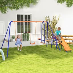 image-Outsunny 4 in 1 Metal Kids Swing Set with Double Swings, Glider, Slide, Ladder