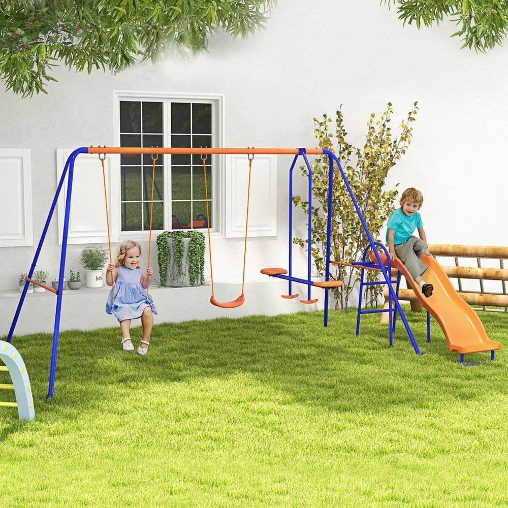 image-Outsunny 4 in 1 Metal Kids Swing Set with Double Swings, Glider, Slide, Ladder
