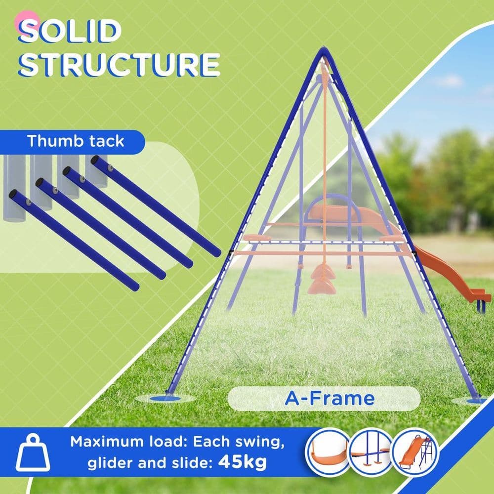 image-Outsunny 4 in 1 Metal Kids Swing Set with Double Swings, Glider, Slide, Ladder