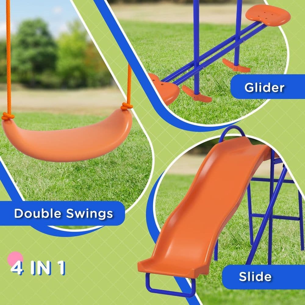 image-Outsunny 4 in 1 Metal Kids Swing Set with Double Swings, Glider, Slide, Ladder