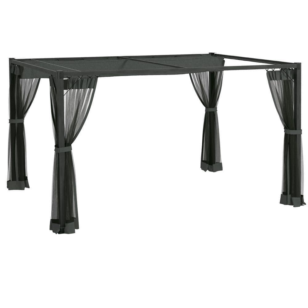 image-Outsunny 3 x 4m Pergola with Retractable Roof and Netting, Dark Grey
