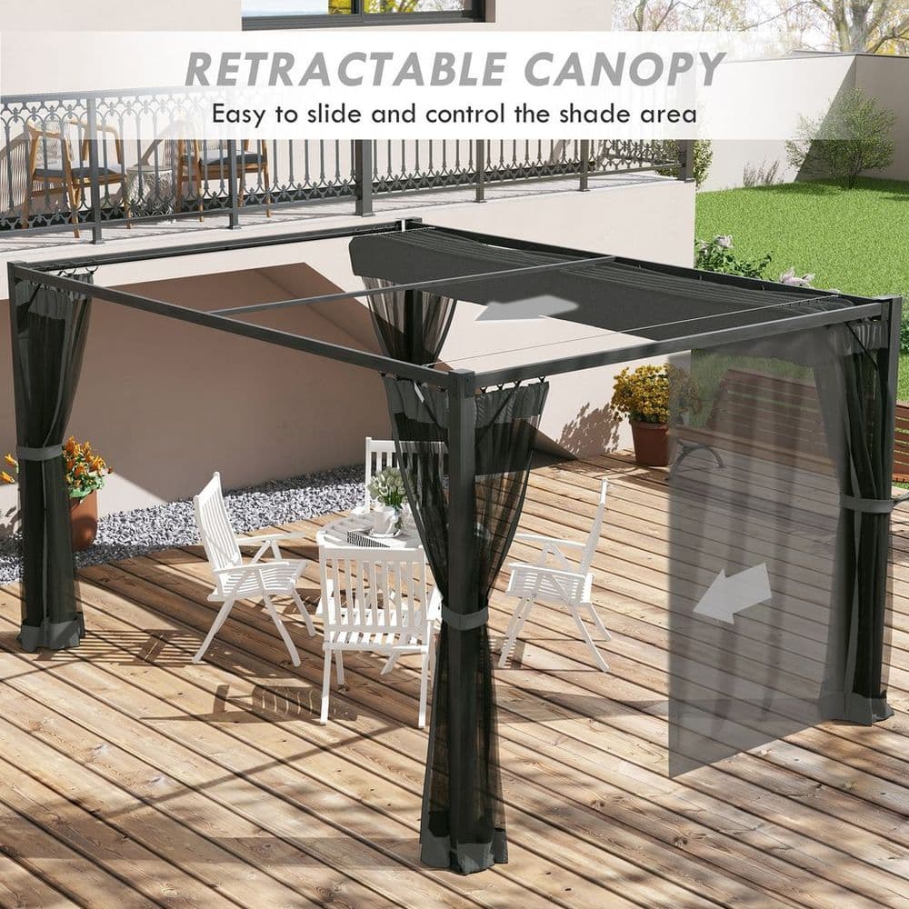 image-Outsunny 3 x 4m Pergola with Retractable Roof and Netting, Dark Grey